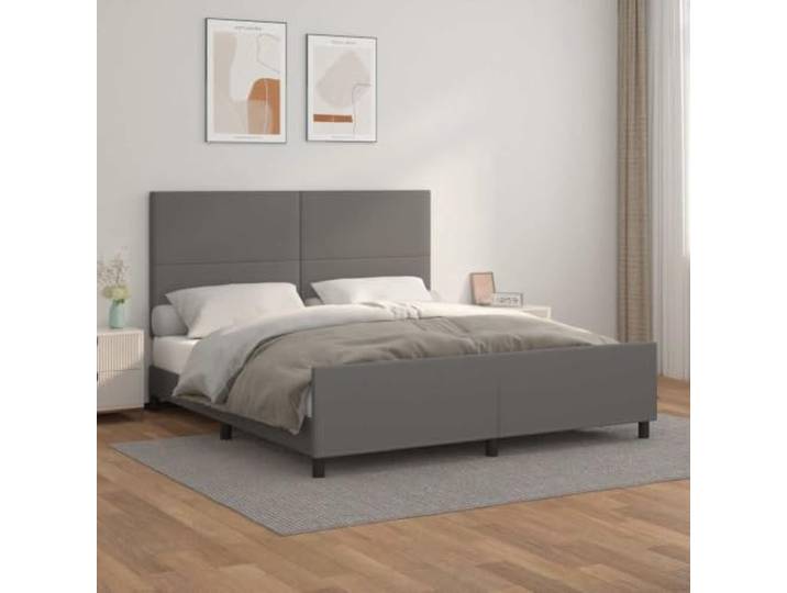 Bettgestell mit Kopfteil Grau 160x200 cm Kunstleder Polyvinylchlorid massives Lärchenholz, höhenverstellbares Kopfteil, fürs Schlafzimmer, Matratze nicht enthalten, Schlichtes Design
