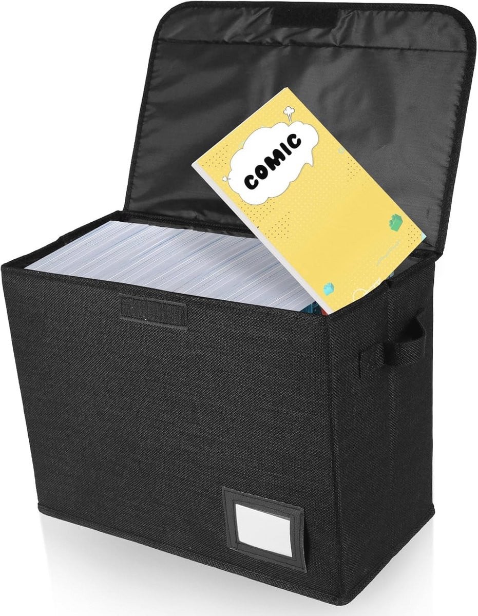 Opvouwbare en wasbare opbergdoos voor stripboeken met deksel en handvat, zwart