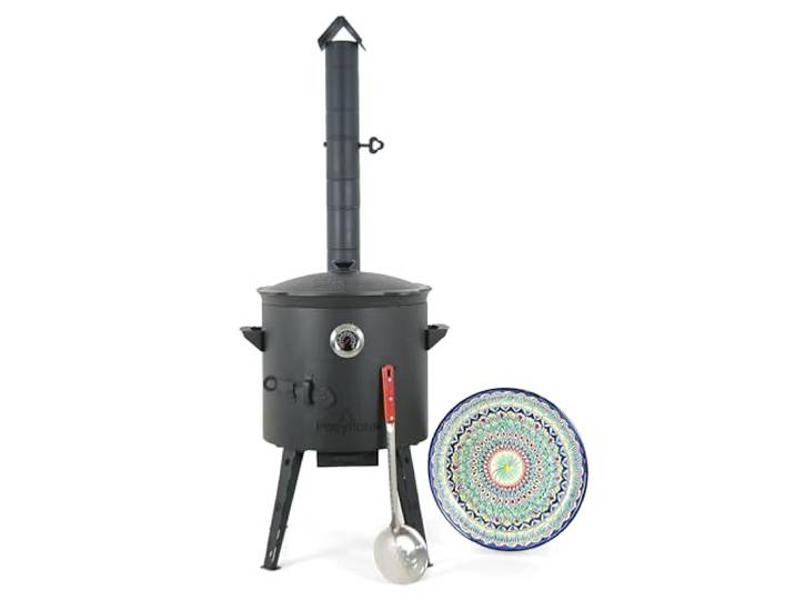 ZARENHOFF Utschak Plov Set Ø 40 cm Kazan 12 L runder Boden Lagan Set Feuerofen aus 2mm Stahl Kazan Ø40 cm mit rundem Boden inkl Thermometer Lagan Teller 34cm Schaumlöffel Outdoor Küche