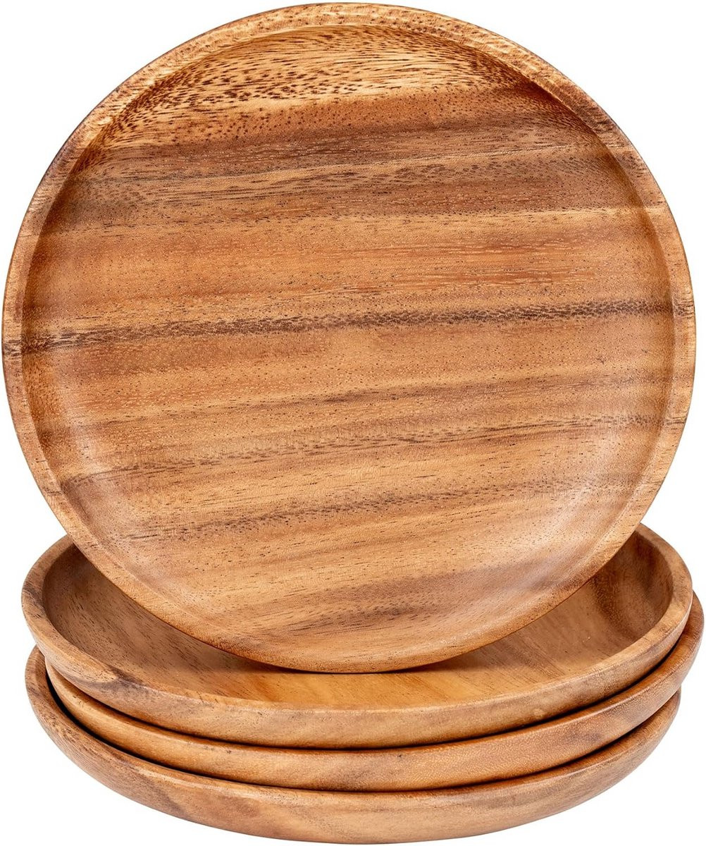 Set van 4 handgemaakte ronde acaciahouten snackborden, Diameter: 20 cm