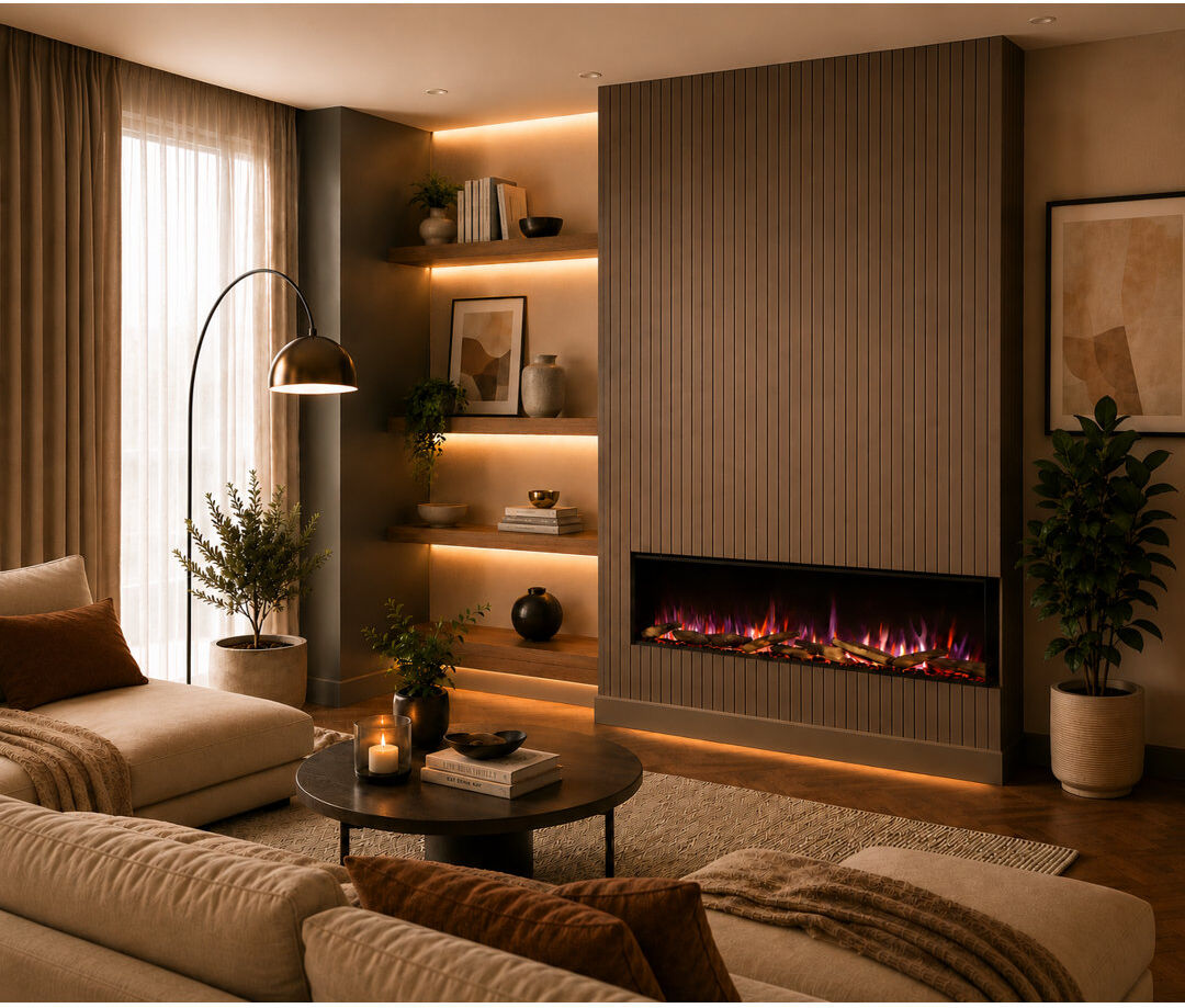 FLAMME 3 Sided Media Wall Electric Fire, Knighton Black Black 49.5 cm H x 150 cm W x 21 cm D