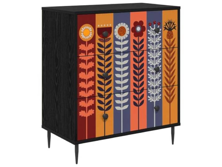 KUPTYERFG Kommode Essen 3 Schubladen 66 x 36,5 x 76 cm Schwarz Stilvolle Anrichte fürs Schlafzimmer mit Sonnenblumenmuster, drei geräumigen Schubladen und erhöhten Stahlfüßen.
