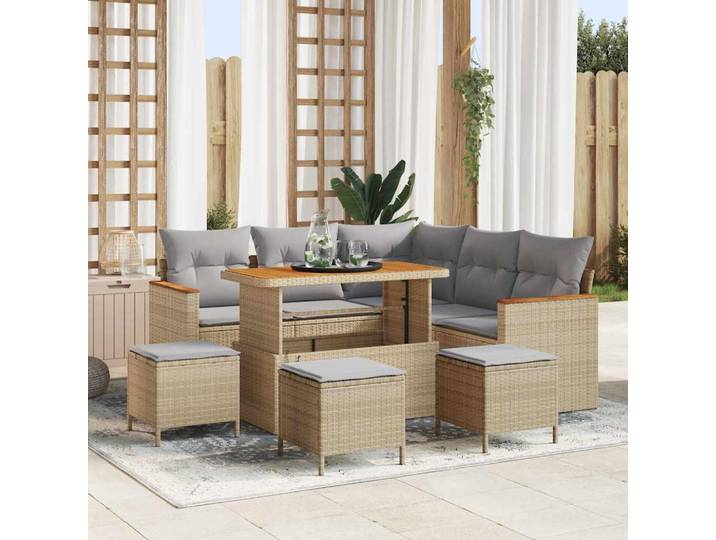 vidaXL Garten-Sofa-Set mit Kissen mit Speicher Beige Poly Rattan