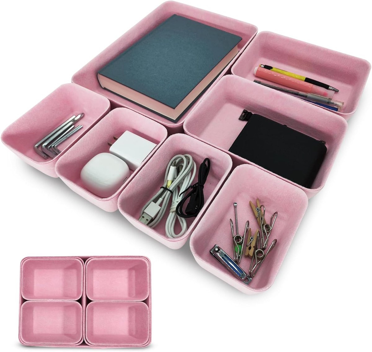 7-delige Lade Organizer Set van Polyester Vilt voor Kantoor en Slaapkamer, Roze