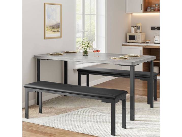 AFF Ensemble table et chaise de salle à manger-Table en Bois Massif Rectangulaire 110 cm avec 2 Bancs –pour Cuisine Salon gris