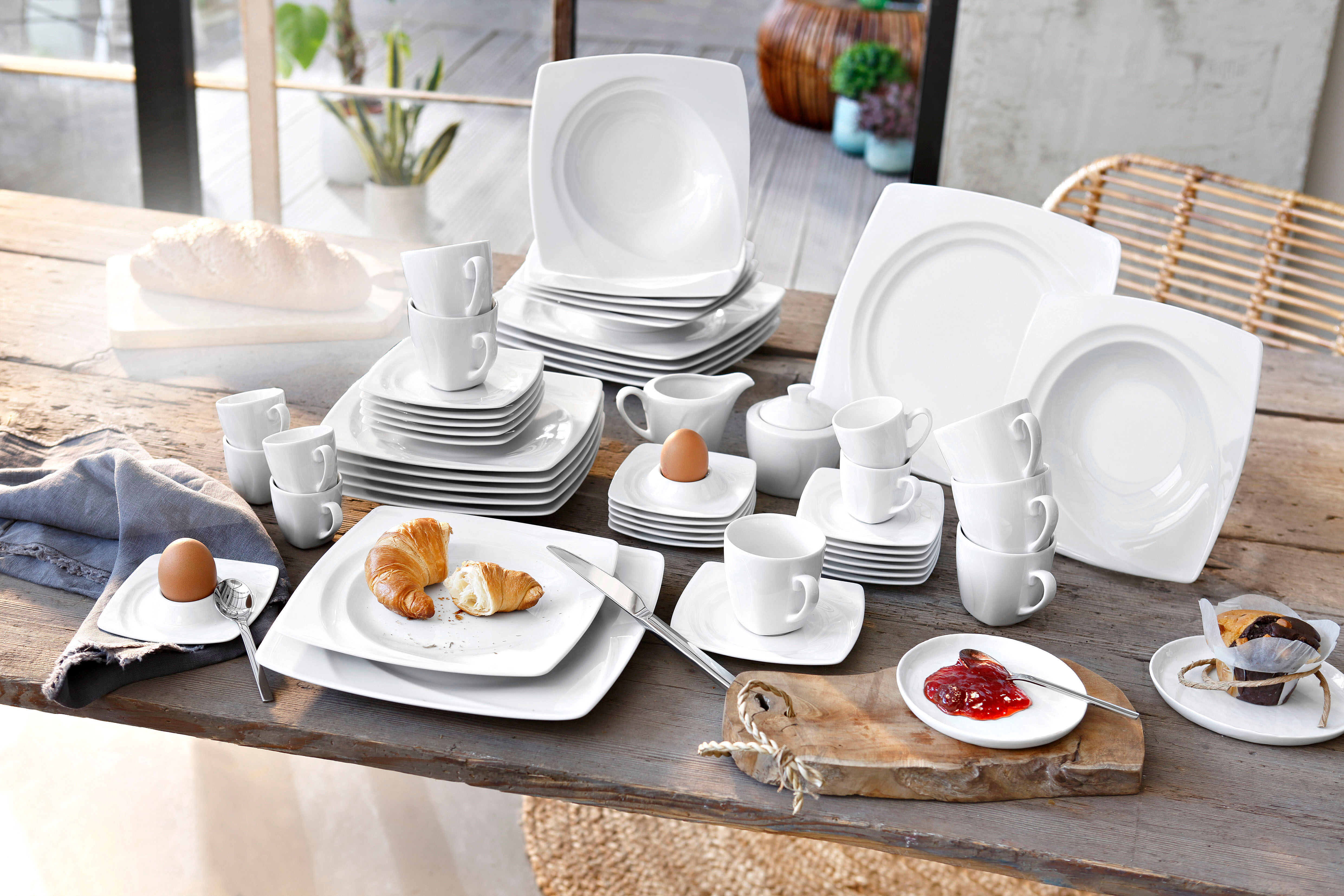 Kombiservice CREATABLE "Geschirr-Set Celebration", weiß, 50 Stk., Porzellan, Geschirr-Sets, Kombiservice, Service, weiß, außergewöhnliche Geometrie, 50 Teile, für 6 Personen