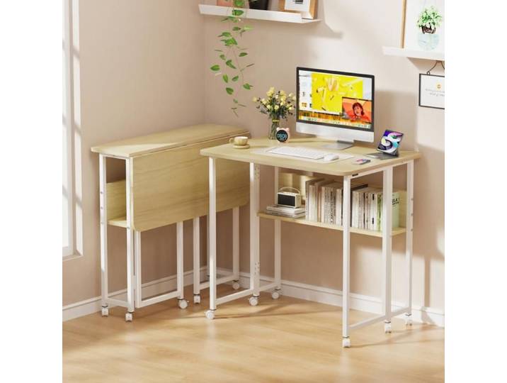 KEDIA Bureau Pliant avec Roulettes Bureau D'ordinateur Pliable Capacité de Charge élevée Montage Rapide étagère Incluse