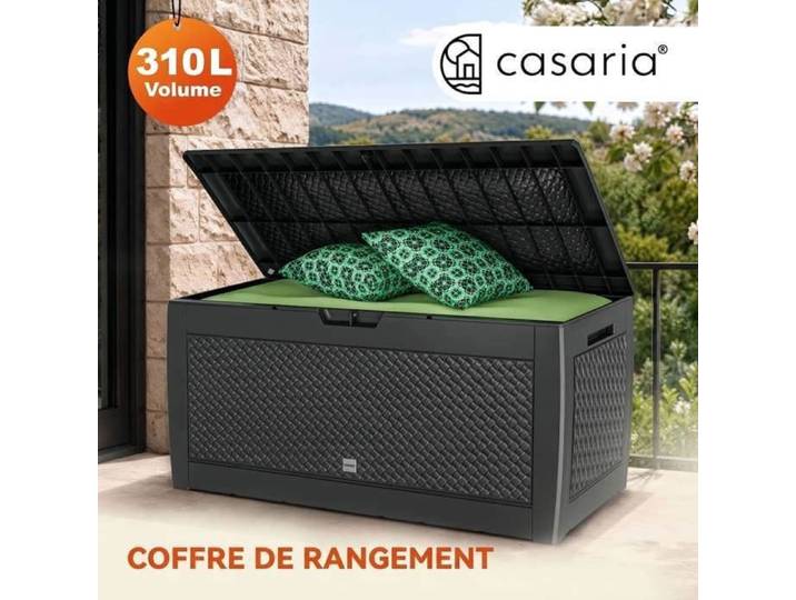 Coffre de Rangement CASARIA Anthracite Aspect Osier 310L 119x48x60 cm Roulettes Poignées Intégrées Malle de Rangement Extérieur