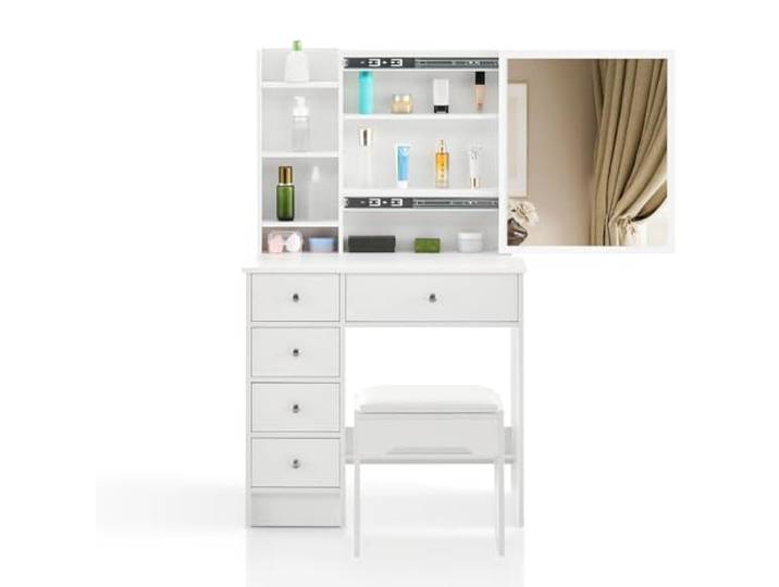 CLIPOP Schminktisch mit Schiebespiegel,Frisiertisch mit 5 Schubladen und Offene Regale Moderner Make-up Tisch aus Holz mit Gepolsterte Hocker für Schlafzimmer,80 x 40 x 130 cm,Weiß