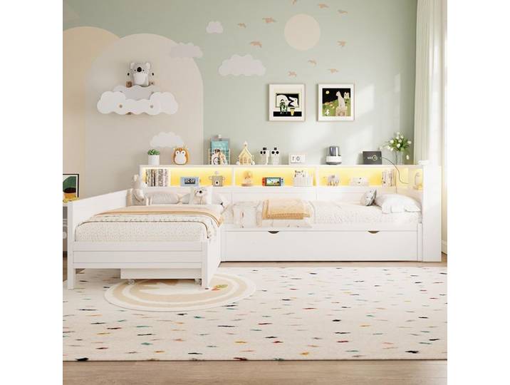 Lit plateforme blanc en bois forme L 90x200 avec lit gigogne et tiroir
