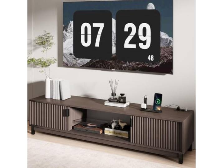 DSNAPE 178 cm TV Lowboard mit Steckdose & USB-Anschluss, Braun TV Board für Fernseher bis 80 Zoll, Modernes TV Schrank mit 2 Türen und Offenen Fächern