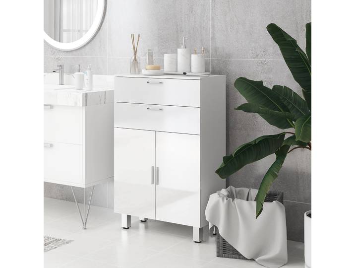 kleankin Meuble Salle de Bain 2 Tiroirs 60x30x93cm Blanc Brillant