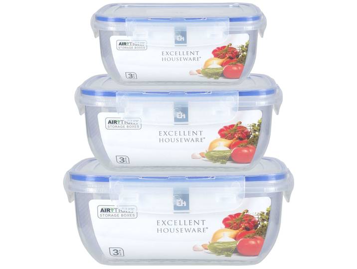 3er Set Frischhaltedosen mit Clip-Deckel, rechteckig, 400 ml, 800 ml, 1400 ml