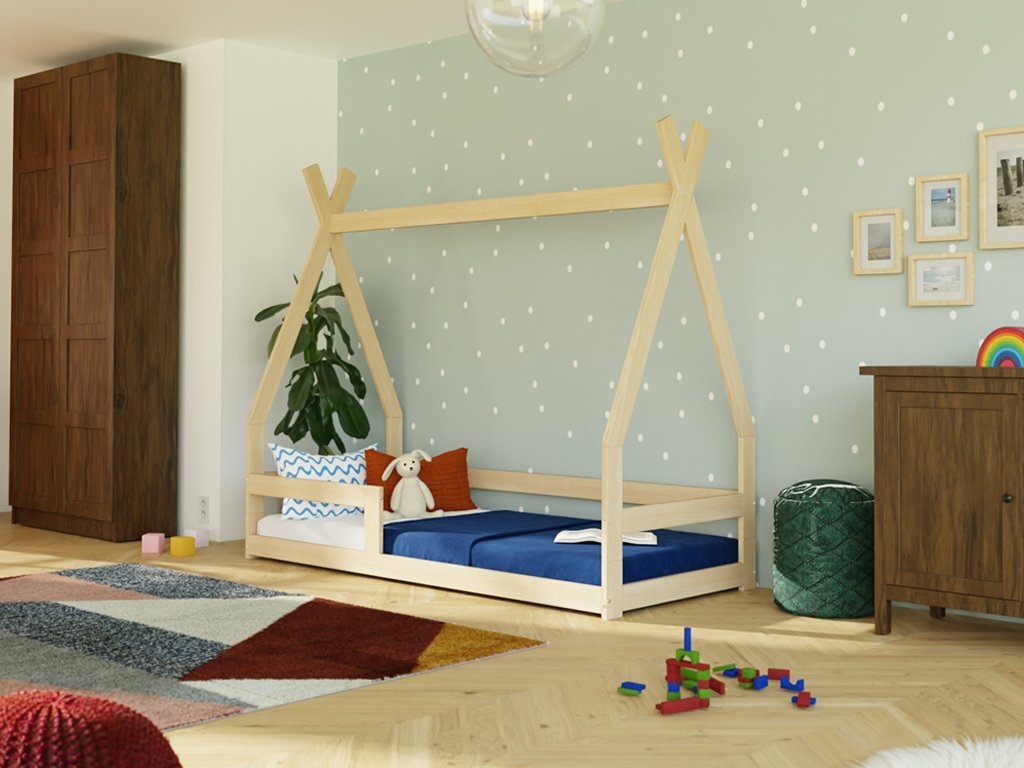 Niedriges Kinderbett SAFE 9-in-1 in Tipi-Form mit Barriere 90x180 cm Marineblau, Mit zwei Barrieren
