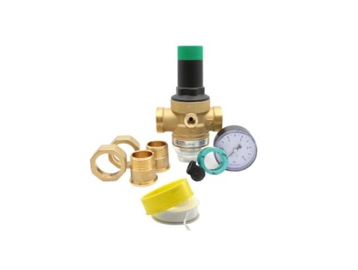 MD technic Druckminderer Set bestehend aus Resideo Druckminderer, Afriso Manometer und Teflon Gewindedichtband (1 1/4 Zoll)