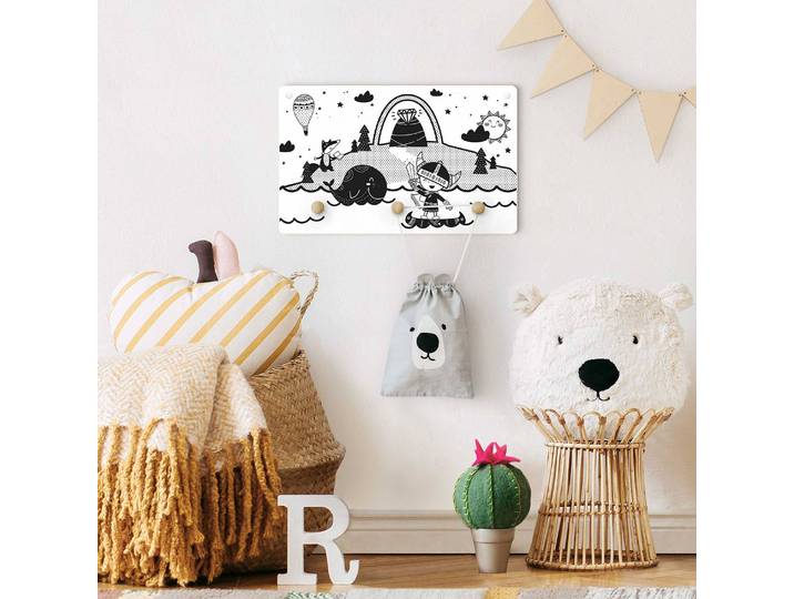 Patère enfants Vikings et diamants 40 x 25 x 1cm Blanc/Noir