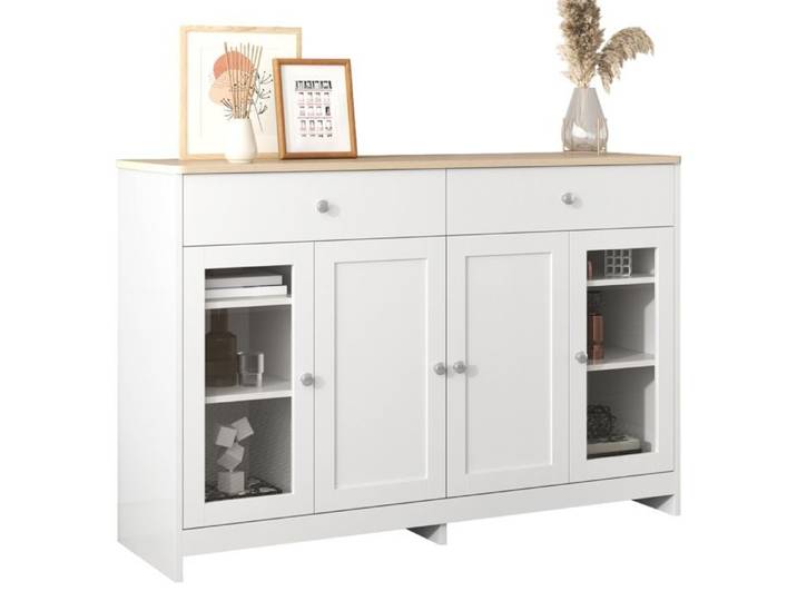 Buffet blanc veinage bois 4 portes 2 tiroirs vitres
