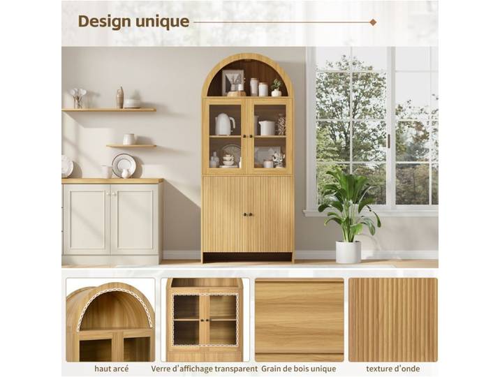 VUENOR Buffet haut vitrine 78 x 40 x 176 cm naturel avec portes vitrées