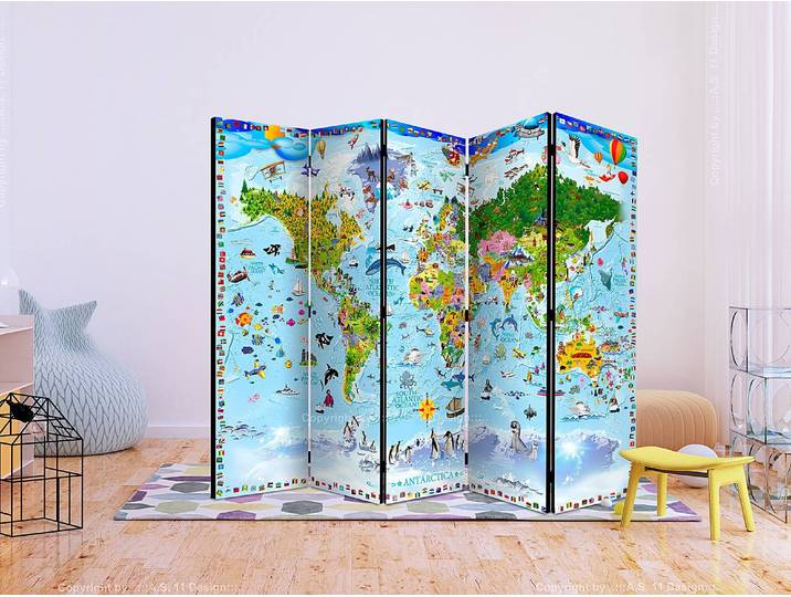 Paravent World Map for Kids Akustik Vlies auf Kiefer Massiv Multicolor 225 x 172 x 3cm