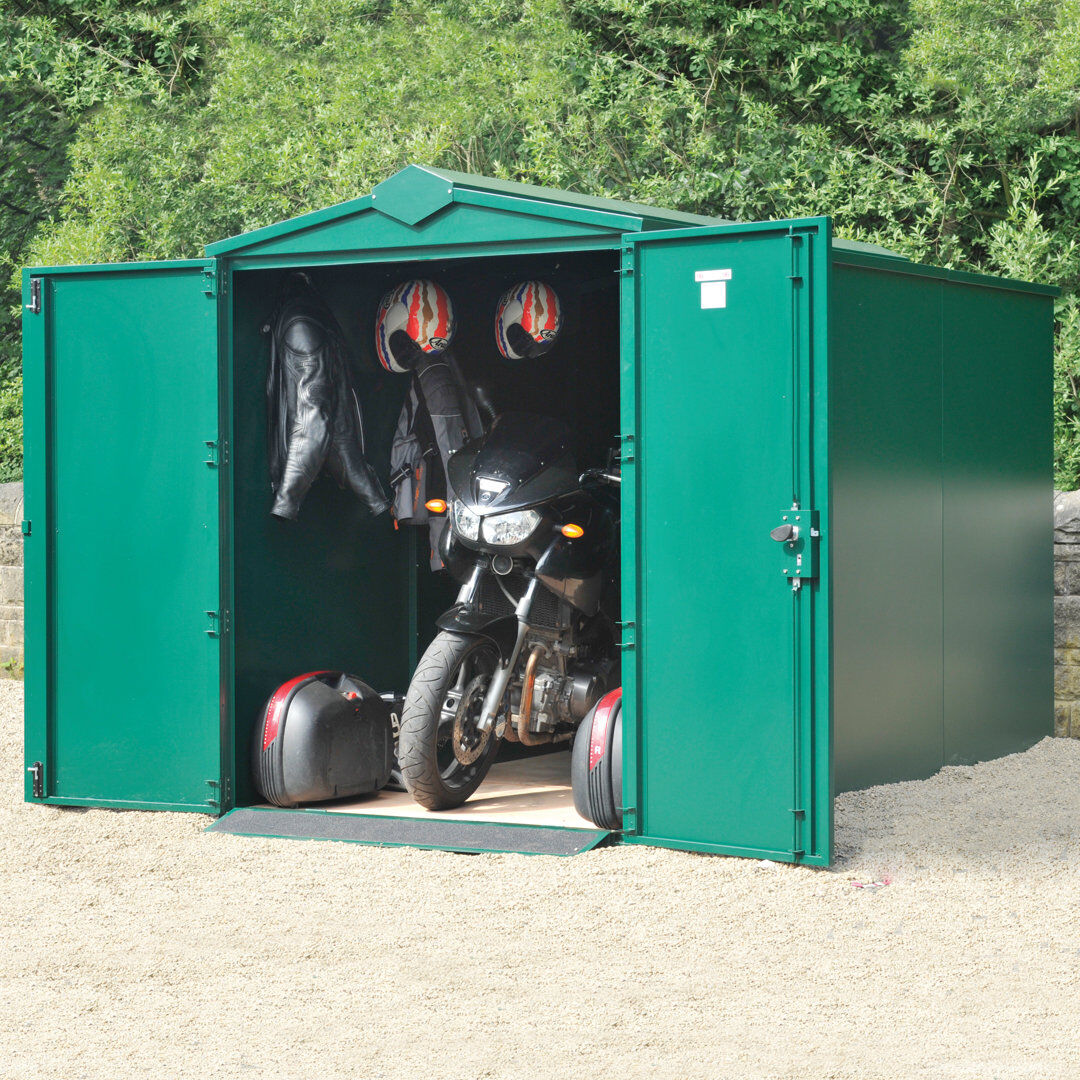 Asgard Motorbike Plus Secure Storage 5 ft. W x 11 ft. D Apex Metal Bike Shed Green 152.4cm W X 332.74cm D X 203.2cm H