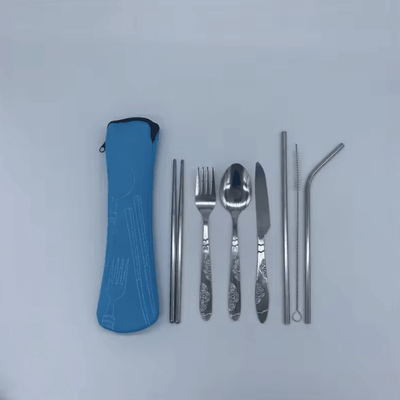 Uplift Curations Stainless Steel Outdoor Camping Tableware Set Portable Knife, Fork, Spoon With Cloth Bag (3 7 Pcs) 7pcs blue