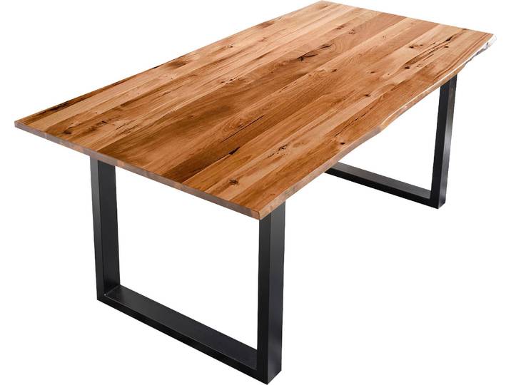 Baumkantentisch SALESFEVER Villach Esstisch mit natürlicher Ausstrahlung , braun (cognac, schwarz, schwarz, cognac), B:180cm H:77cm T:90cm, Tische, Rechteckiger Esstisch Holz-Esstische, Sichtbare Maserung und Astlöcher, Esstisch aus Massivholz