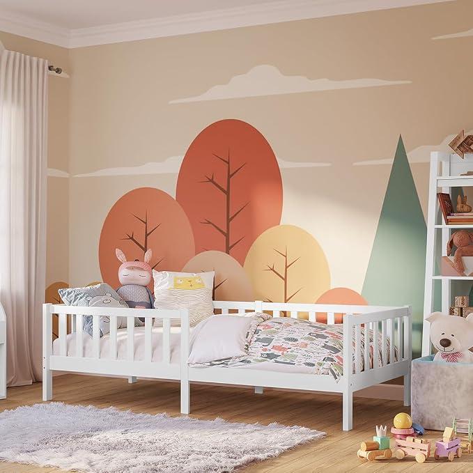 Vere Kinderbett 90x200 cm - Montessori Bett mit Rausfallschutz & Lattenrost - Massives Kinder Bett für Jungen & Mädchen aus Holz Kiefer - Kleinkindbett in Weiß