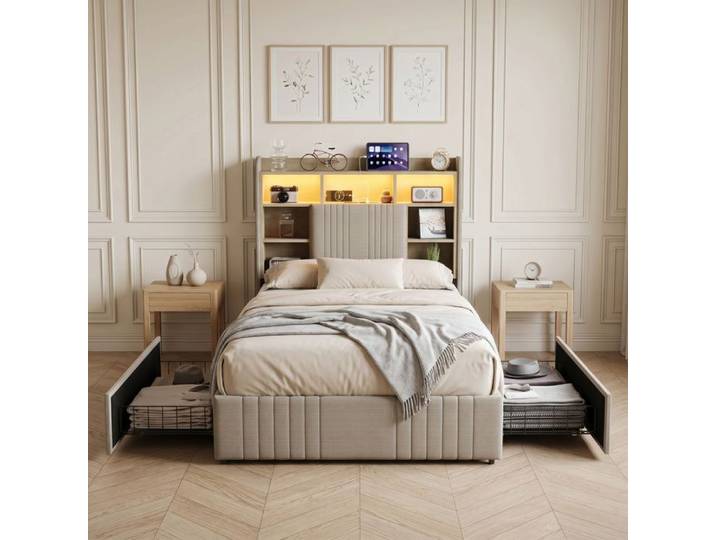 Lit 140x200 Cm Avec 4 Tiroirs\, Tête De Lit Avec Usb Et Led\, Cadre De Lit Double Avec Sommier À Lattes\, Lit Adulte\, Gris