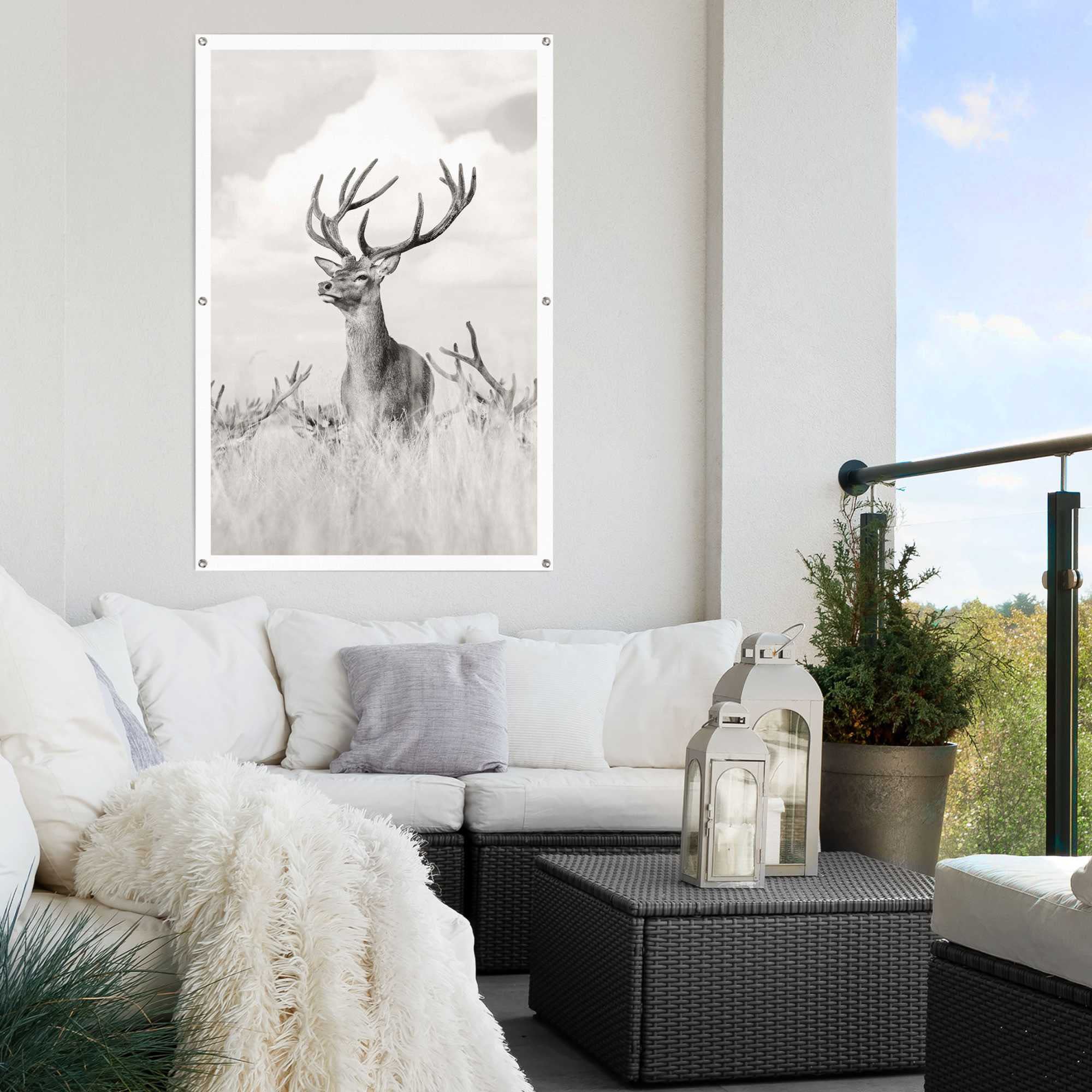 Reinders! Poster REINDERS "Stolzer Hirsch", schwarz (farbe bild(er): schwarz, weiß), B:80cm H:120cm T:0,1cm, Leinwand, Bilder, Poster, leichtes und wasserfestes Gartenposter für den Ausseneinsatz farbe bild(er): schwarz, weiß B/H/T: 80cm x 120cm x 0,1cm