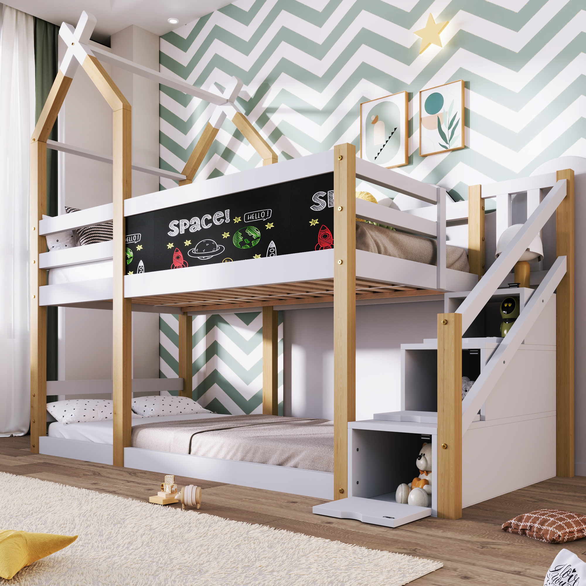 Merax Etagenbett 90x200cm mit Treppe und Tafel, Kinderbett mit Rausfallschutz, Hochbett mit Lattenrost, Kieferholz Hausbett Stockbett Einzelbett