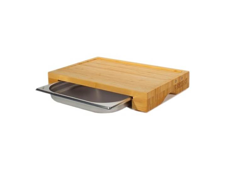 Schneidebrett Bambus, Auffangschale, Saftrille, magnetische Messerhalterung Profi Holz Küchenbrett mit Auffangbehälter (Gastro Edelstahl Auffangwanne) Bambusbrett mit Gastro-Wanne, Brett Maße 43x29x7cm