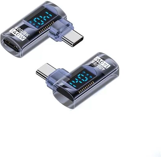 INF 140W USB-C Buchse auf USB-C Stecker Adapter mit Digitalanzeige, Transparent Blau, Seitlich Gebogen (2er-Pack)
