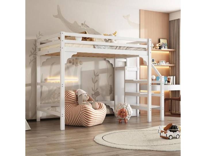Lit mezzanine 140x200 cm avec escalier avec Armoire rangement Blanc