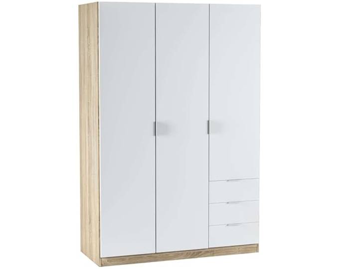 Kleiderschrank mit drei Türen und drei Schubladen, Eichenfarbe und Artikweiß, Maße 121 x 180 x 52 cm