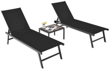 Costway 3 Pieces Patio Chaise Lounge Chair and Table Set for Poolside Yard-Black