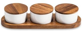 Kalmar Home Ceramic Condiment Set on Acacia Wood Base with Lids