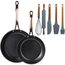 BERGNER - Set aus 2 Pfannen Ø20/24cm aus geschmiedetem Aluminium Schwarz Matt mit Set aus 5 Küchenutensilien aus Silikon und Akazienholz