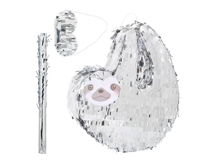 Relaxdays Piñata en Forme de Paresseux\, à Suspendre\, Unisexe\, avec bâton et Masque\, argentée