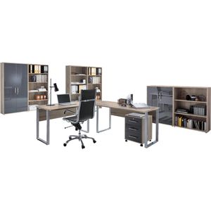 BMG-Möbel Büromöbel-Set Office Edition Set 7, Schreibtisch 2 Schränke & 4 Regale eiche/anthrazit