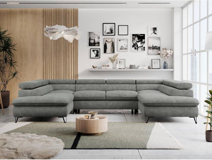 Ecksofa, Universelles, Schlaffunktion, Bettkasten, U-förmig, einstellbare Kopfstützen, Bettsofa - PETER U - Struktur - Grau
