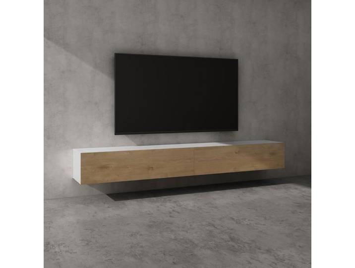 Sogood Meuble TV Bas 240 cm Armoire TV Blanc Mat + Marron Clair Table de Télévision Salon avec Portes Meuble TV Suspendu MBTV02