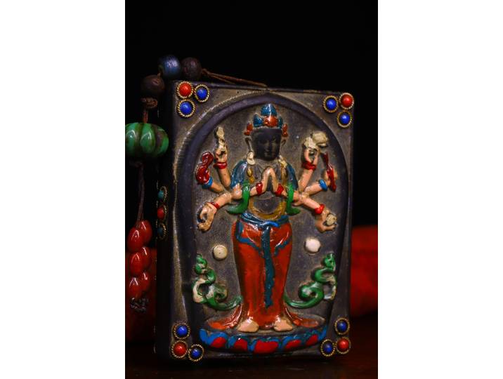Xizang Folk vieux météorite naturelle cinabre mosaïque gemme gZi perles amulette pendentif collier maison de ville exorcisme