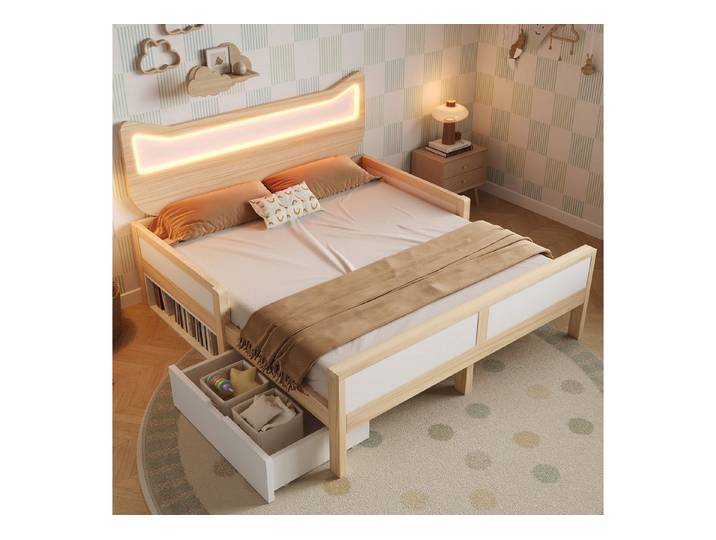 HAUSS SPOLE Kinderbett 140x200 Katzenkopfteil RGB LED,Jugendbett Kinderbett mit matratze (Bettgestell Bettrahmen mit Lattenrost, mit kindersichere Schutzgitter), Holzbett mit Schublade & Staufach links/rechts montierbar