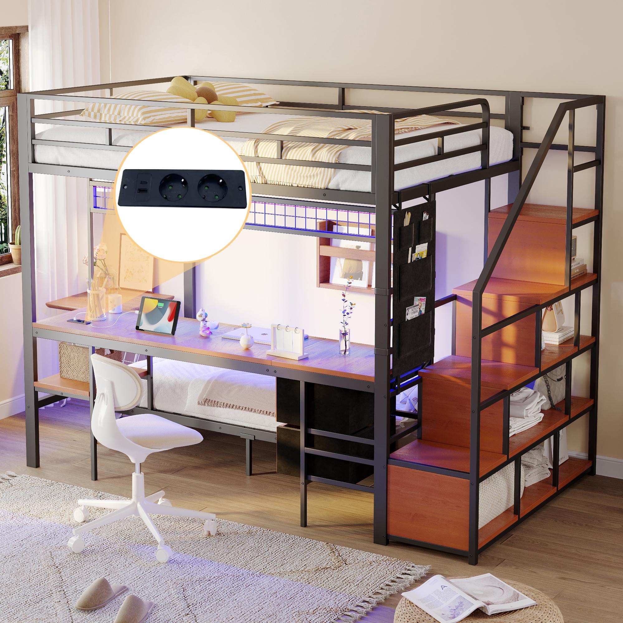 Flieks Etagenbett Metallbett 90x200cm/140x200cm, Hochbett mit Schreibtisch und Steckdose, Kinderbett Hochbett Jugendbett mit Led und Staufach