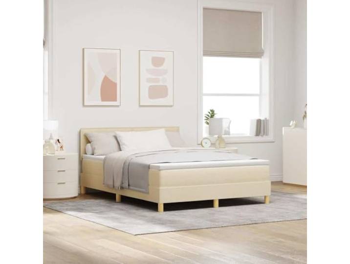 Boxspringbett mit Kissen creme 160 x 200 cm Stoff Matratze aus mittlerem Schaumstoff, Kopfteil in 2 Höhen verstellbar, Lattenrost aus Holz und Metall, robuste Füße