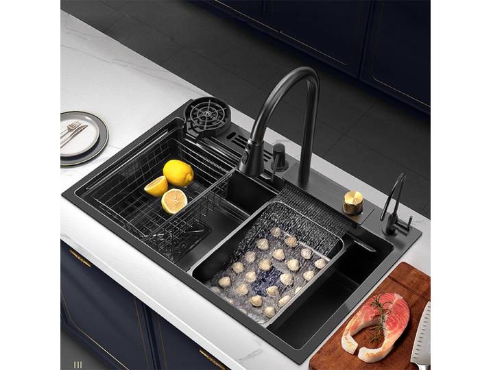 Évier de cuisine Nano noir avec porte-couteau, robinet cascade, grand bol unique, accessoires, robinet pur, lave-tasse, distributeur de savon