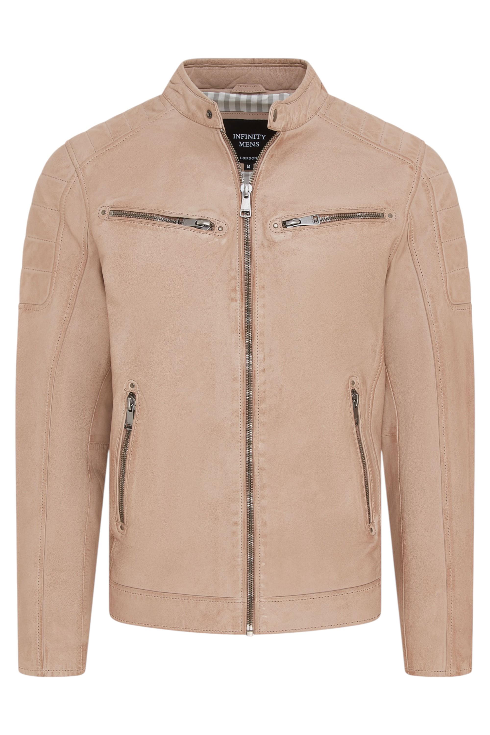Beigefarbene, moderne, klassische Bikerjacke aus gestepptem Leder für Herren – Derry