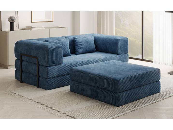 Lazy Spar-Set: 3-Sitzer + Hocker in Cord - Blau - Cord - Luxusbetten24