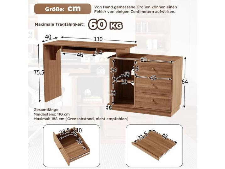 Bureau extensible multifonction - plateau coulissant tiroir clavier 3 tiroirs MDF coloris noyer