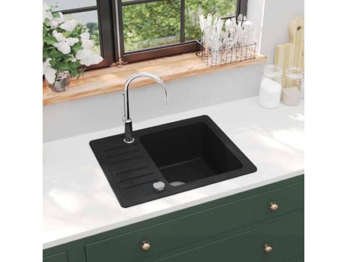 KFPOERTFGD Granitspüle Einzelbecken Schwarz, Einbauspüle mit Siebkörbchen Reversibel für flexiblen Einbau, Hitzebeständig bis 280 C, Kratzfeste Oberfläche